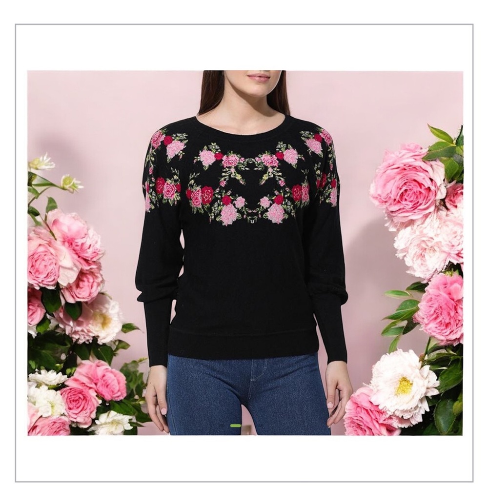 VTG WoolBlend Black Long Sleeve Knit Sweater W/Multi-Floral Embroidery-EUC Sz S